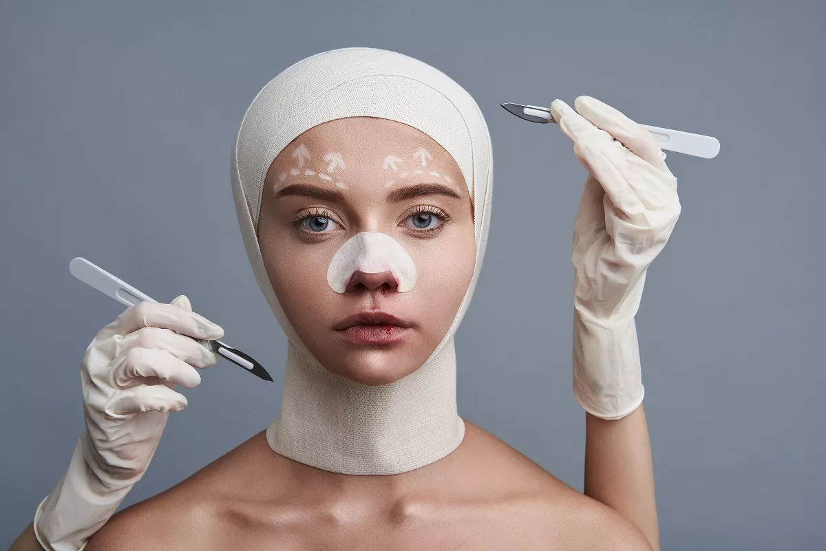 Serious Woman With Bandages On The Head Being Surrounded By Scalpels