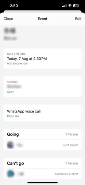 Whatsapp Group Event Details